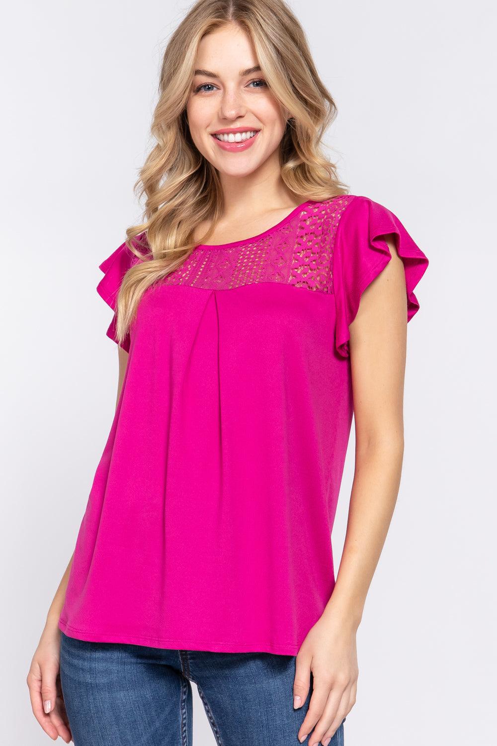 ACTIVE BASIC Ruffle Short Sleeve Lace Detail Knit Top - Immenzive