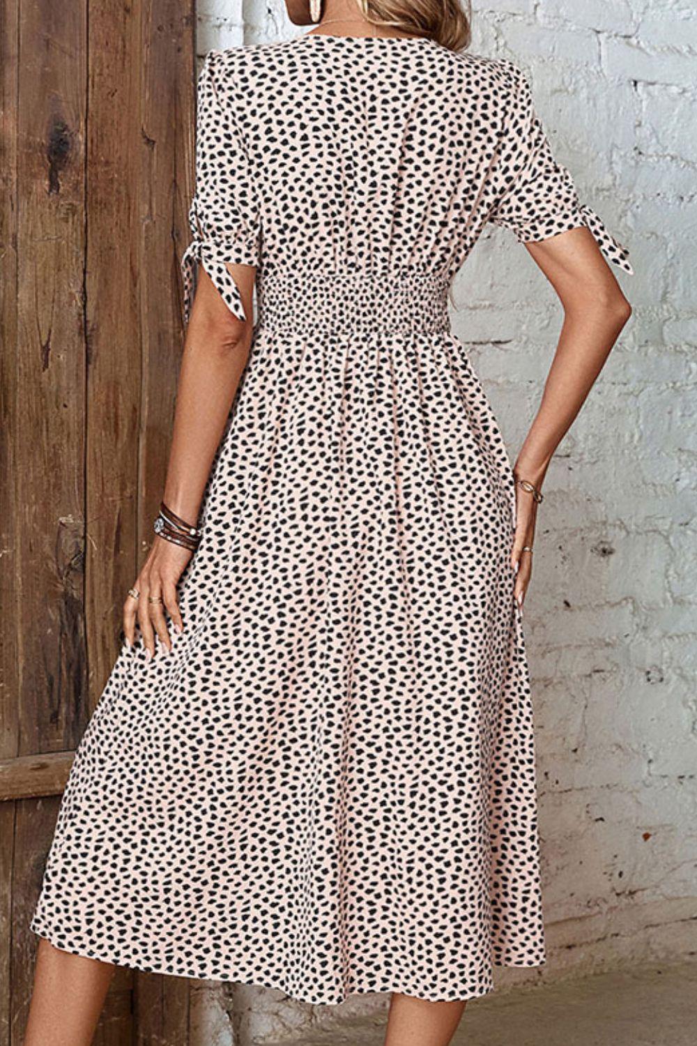 Animal Print Button Front V-Neck Tied Dress - Immenzive
