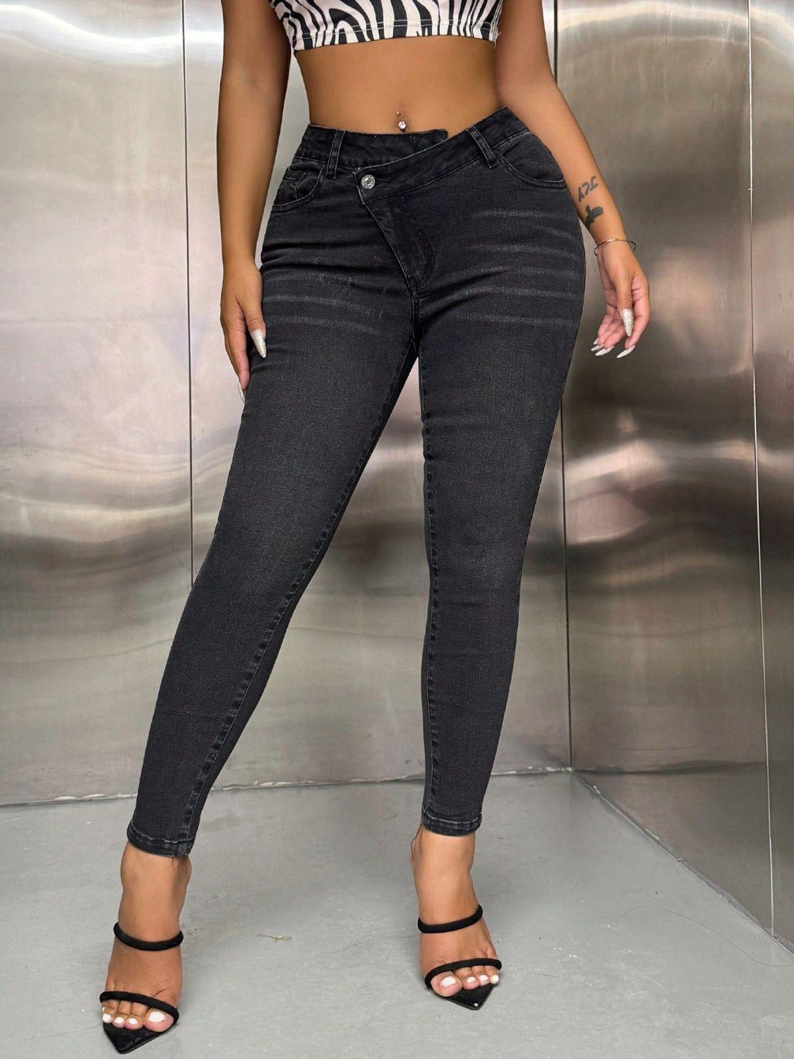 Asymmetric Waist Jeans with Pockets - Immenzive