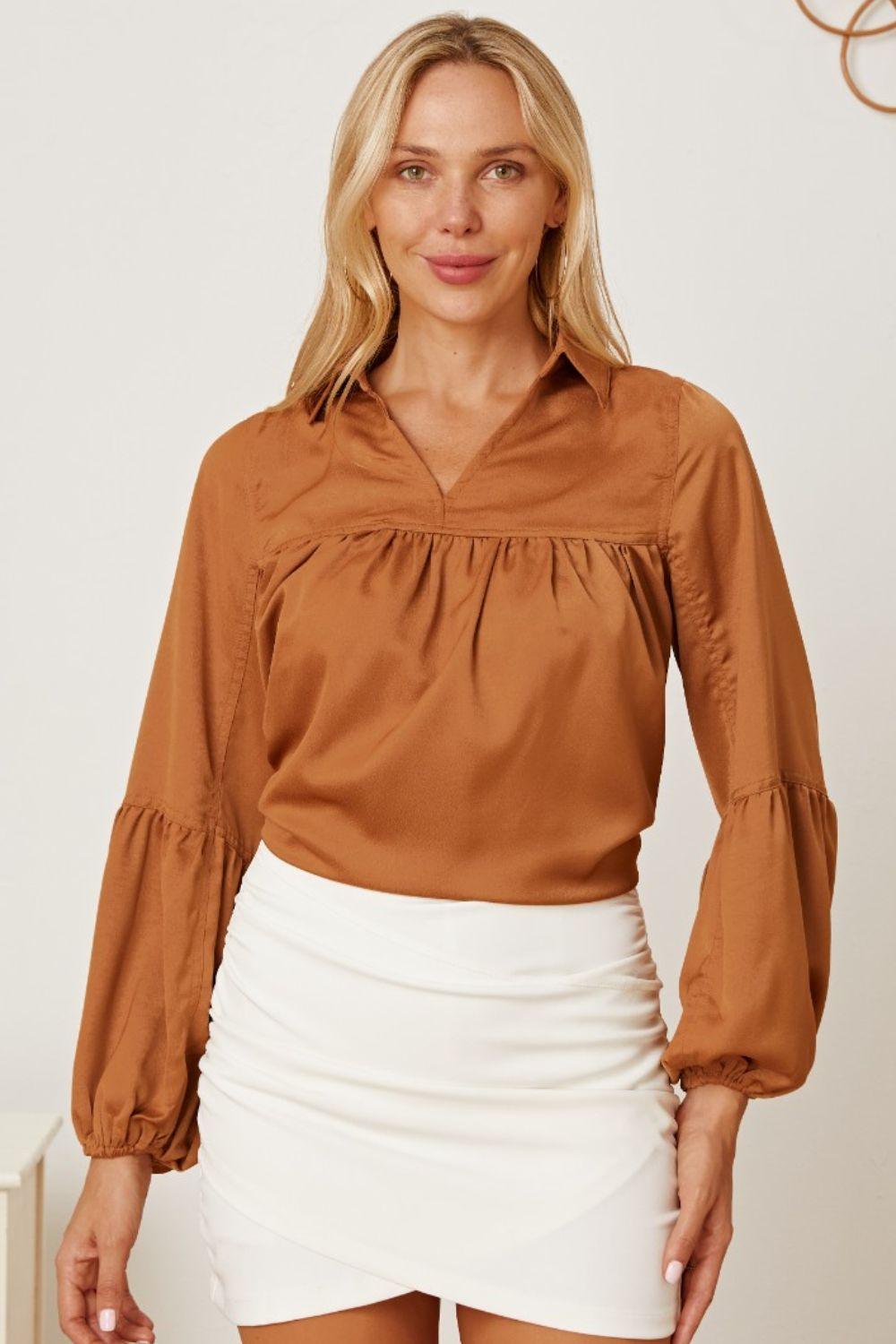 Balloon Sleeve Collared Neck Blouse - Immenzive