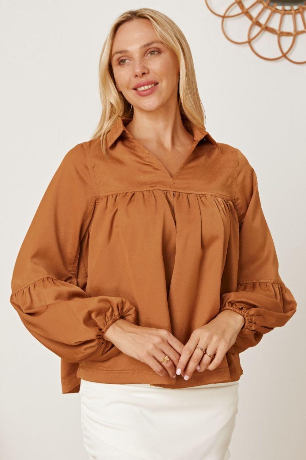 Balloon Sleeve Collared Neck Blouse - Immenzive