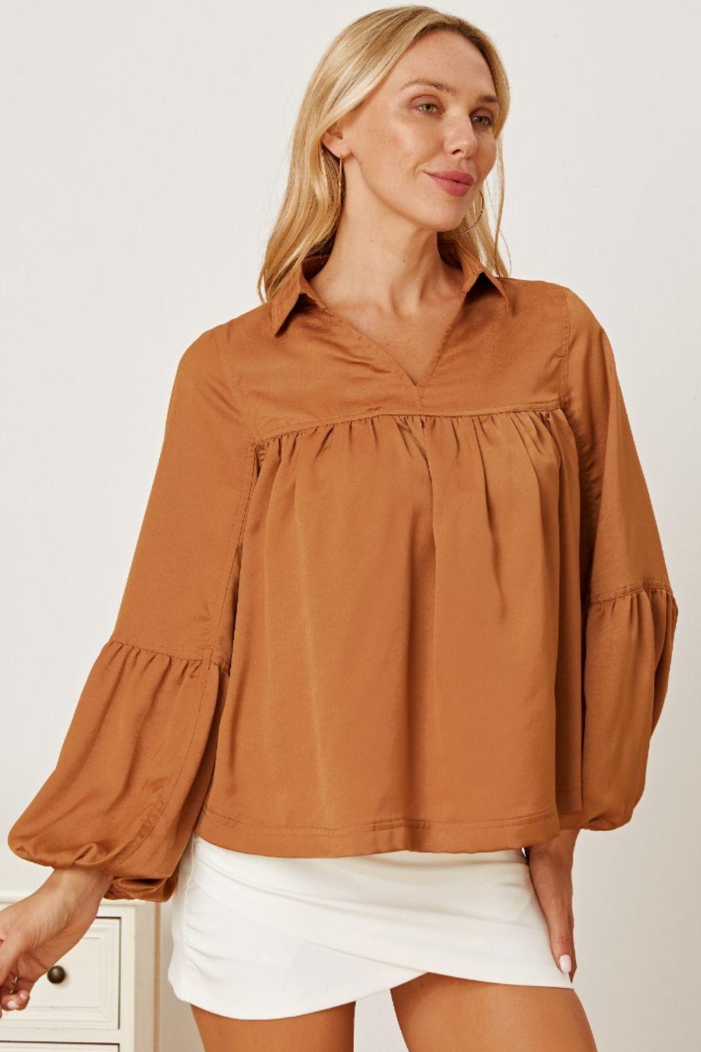 Balloon Sleeve Collared Neck Blouse - Immenzive