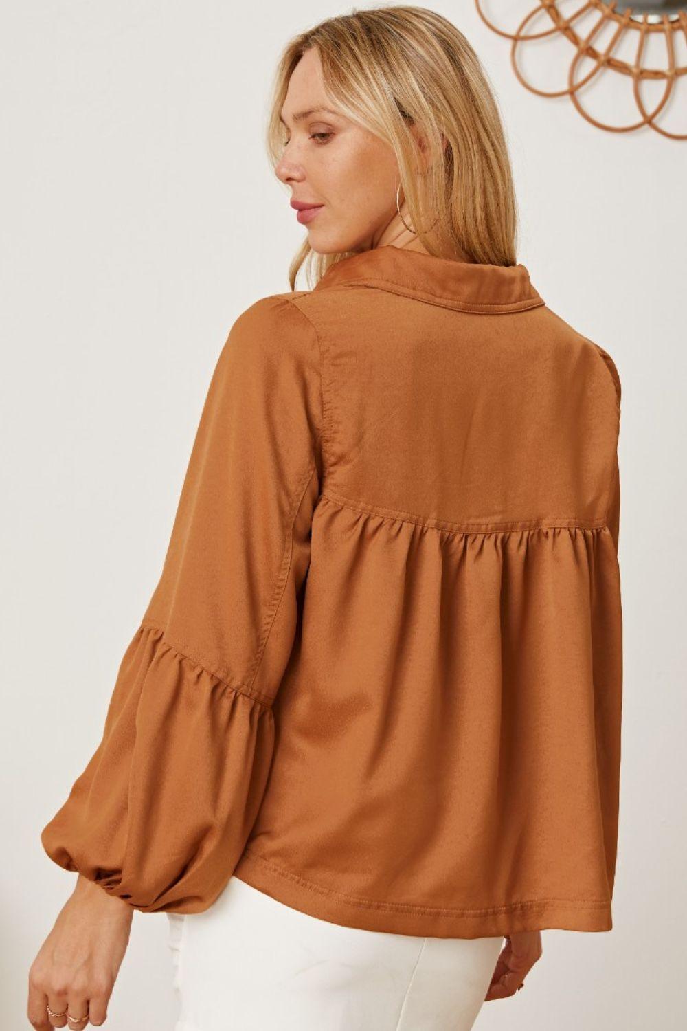 Balloon Sleeve Collared Neck Blouse - Immenzive