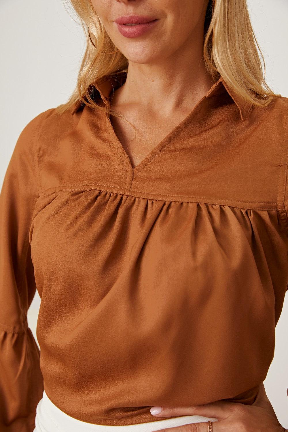 Balloon Sleeve Collared Neck Blouse - Immenzive