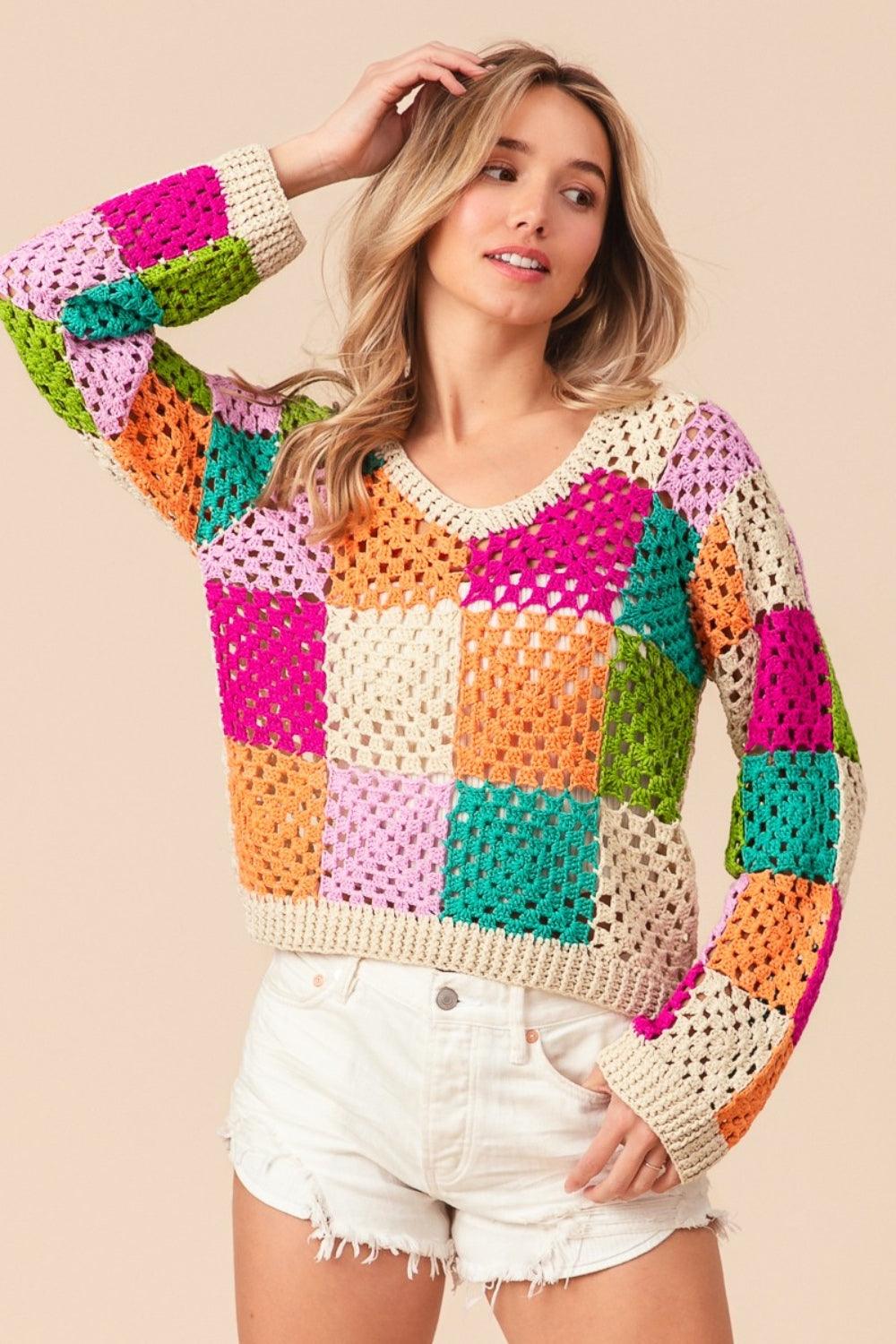 BiBi Multi Color Checkered Long Sleeve Knit Top - Immenzive