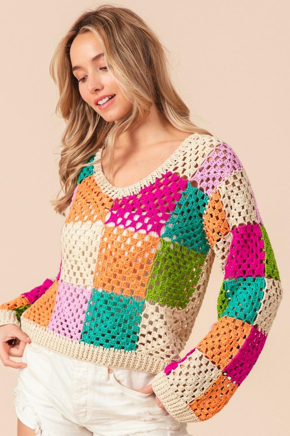 BiBi Multi Color Checkered Long Sleeve Knit Top - Immenzive