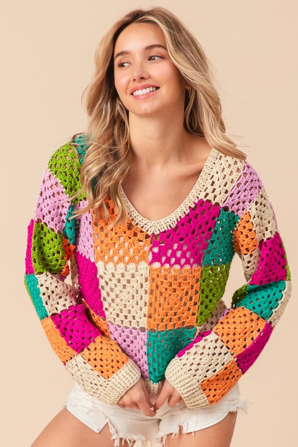 BiBi Multi Color Checkered Long Sleeve Knit Top - Immenzive