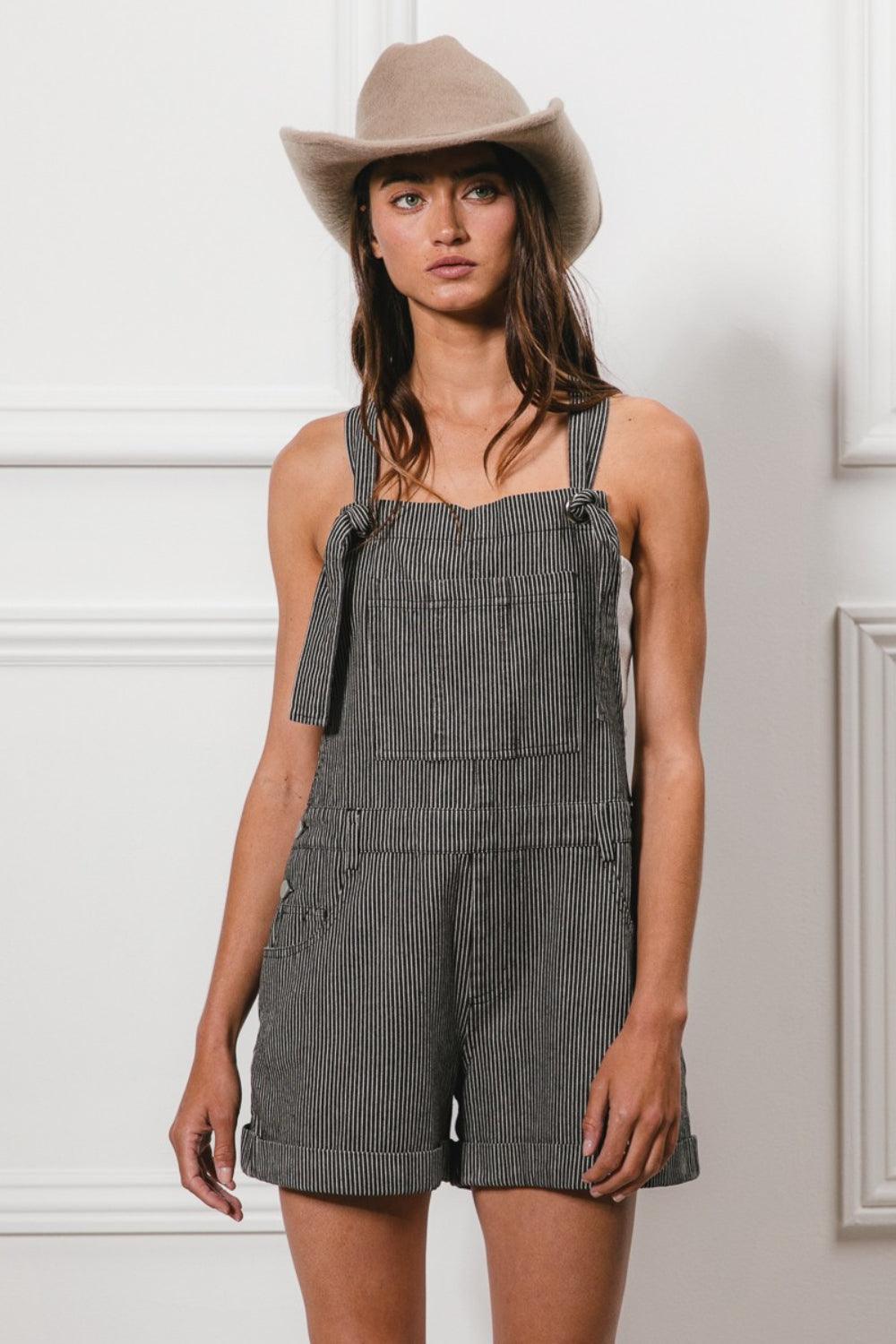 BiBi Tie Strap Washed Stripe Denim Overalls - Immenzive