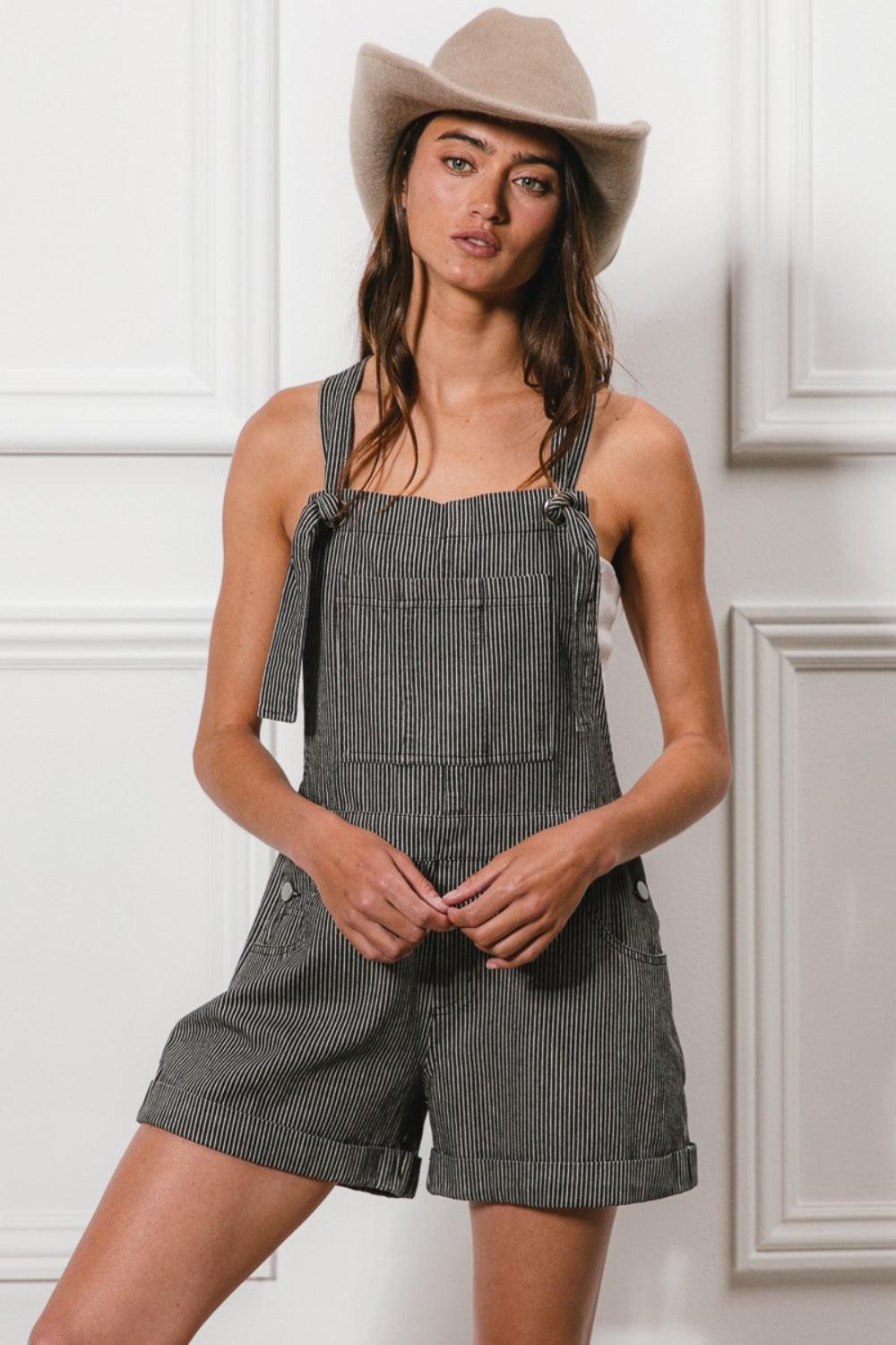 BiBi Tie Strap Washed Stripe Denim Overalls - Immenzive