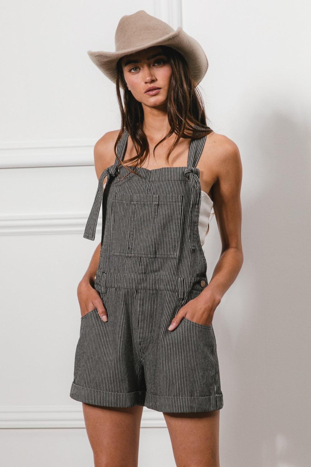 BiBi Tie Strap Washed Stripe Denim Overalls - Immenzive