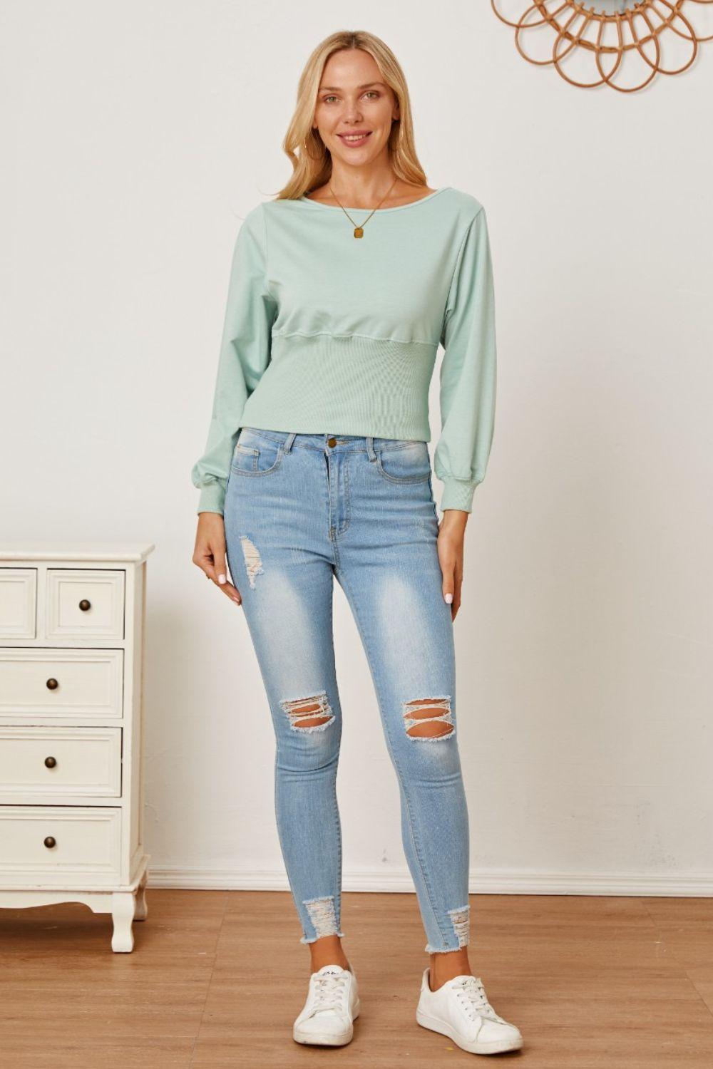 Boat Neck Lantern Sleeve Blouse - Immenzive