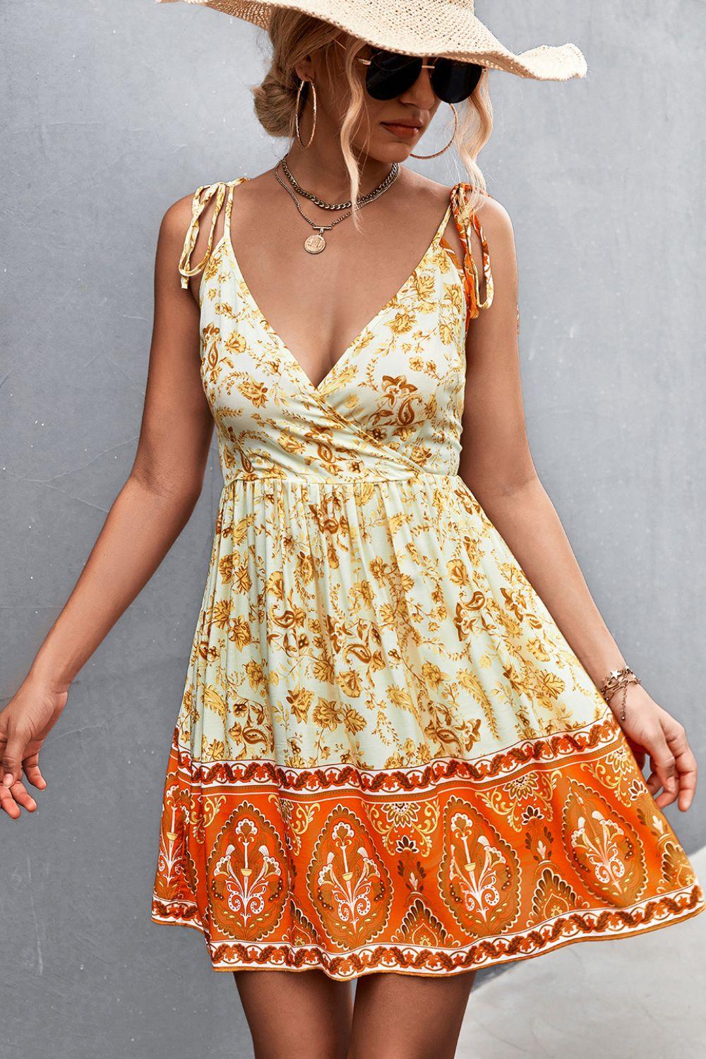 Bohemian Tie Shoulder Surplice Backless Dress - Immenzive