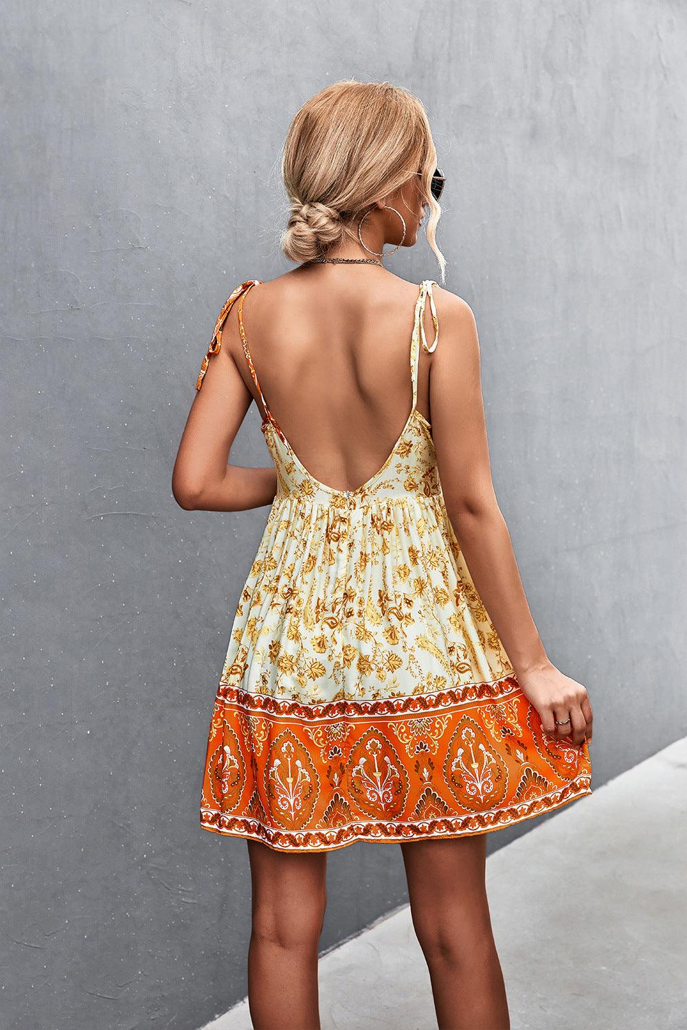 Bohemian Tie Shoulder Surplice Backless Dress - Immenzive