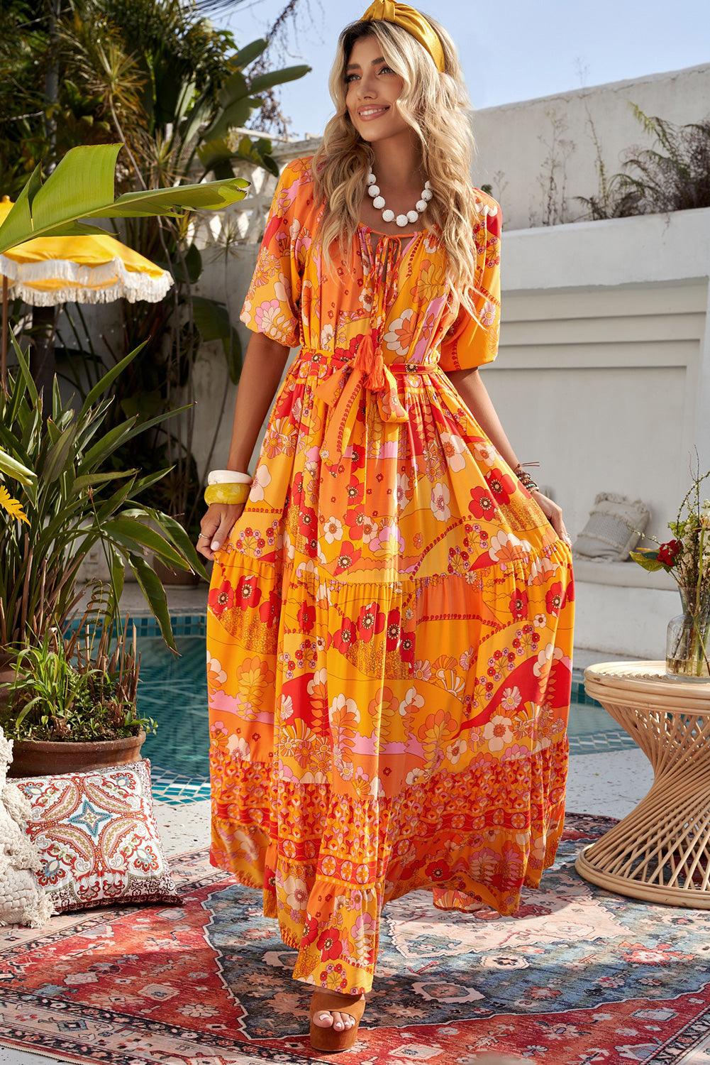 Bohemian Tie-Waist Tiered Maxi Dress - Immenzive