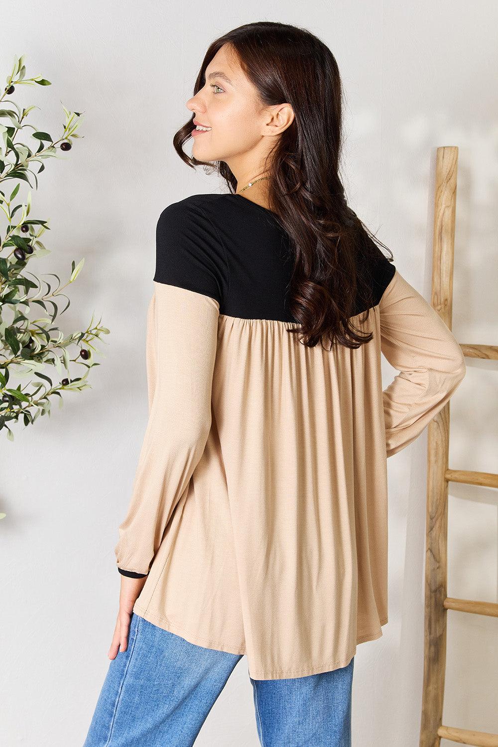 BOMBOM Contrast Long Sleeve Ruched Blouse - Immenzive