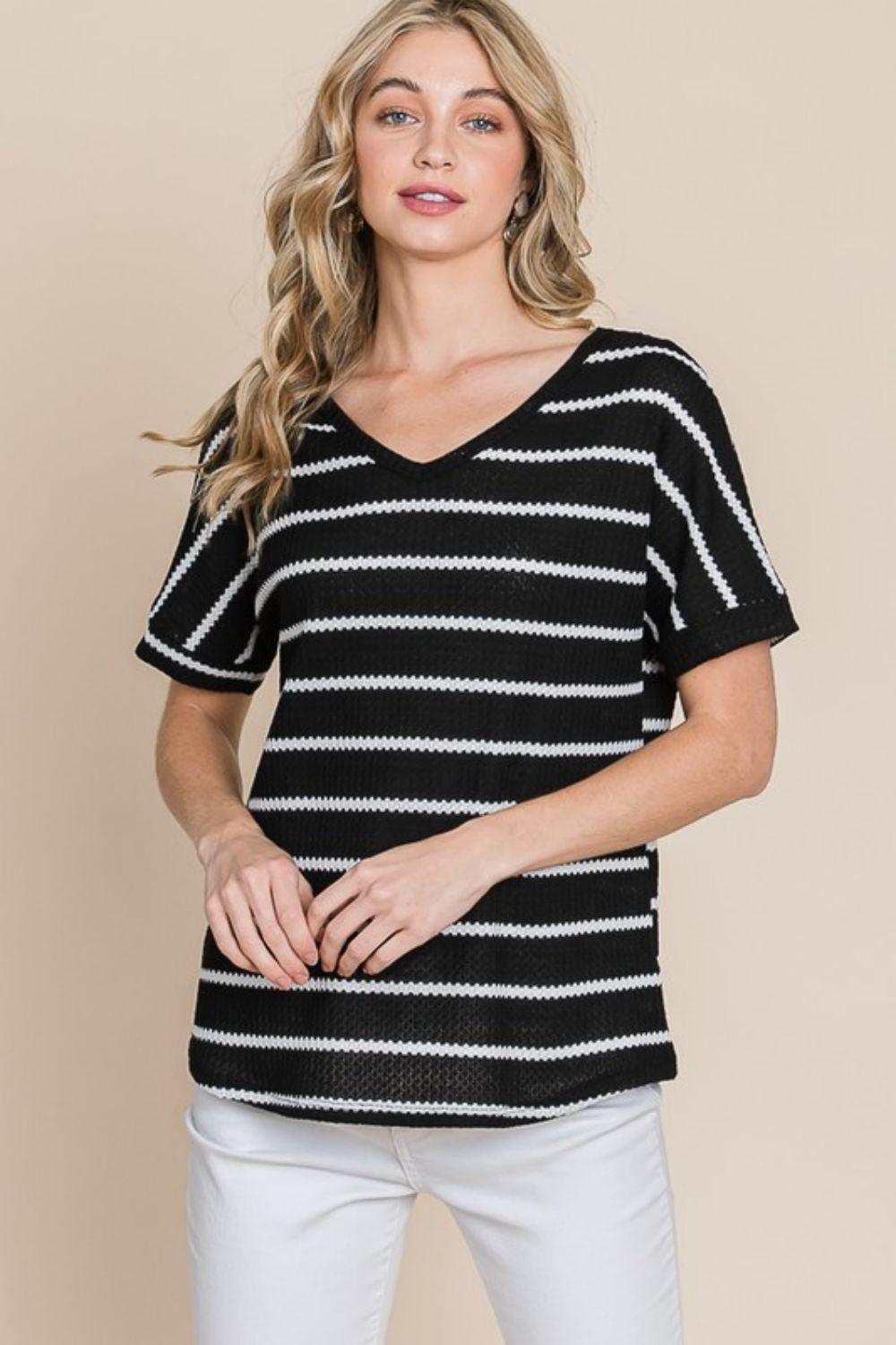 BOMBOM Simple Goals Waffle Knit Striped Tee - Immenzive