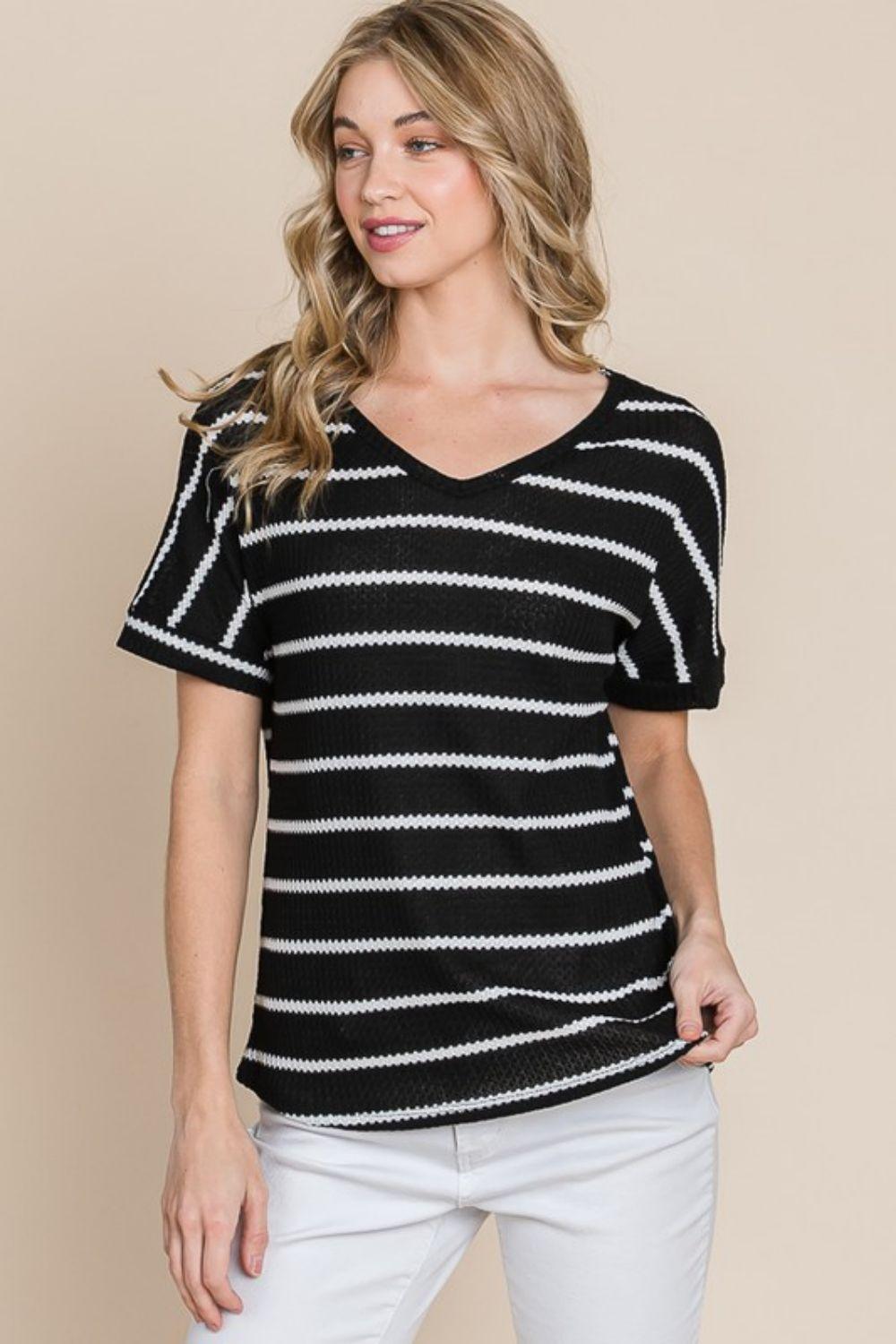 BOMBOM Simple Goals Waffle Knit Striped Tee - Immenzive