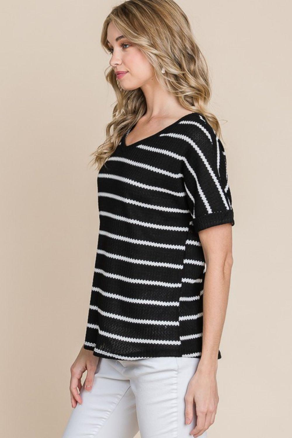 BOMBOM Simple Goals Waffle Knit Striped Tee - Immenzive