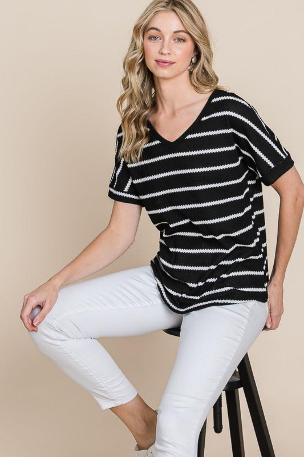 BOMBOM Simple Goals Waffle Knit Striped Tee - Immenzive