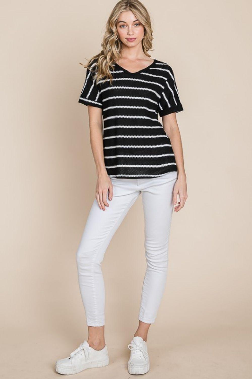 BOMBOM Simple Goals Waffle Knit Striped Tee - Immenzive