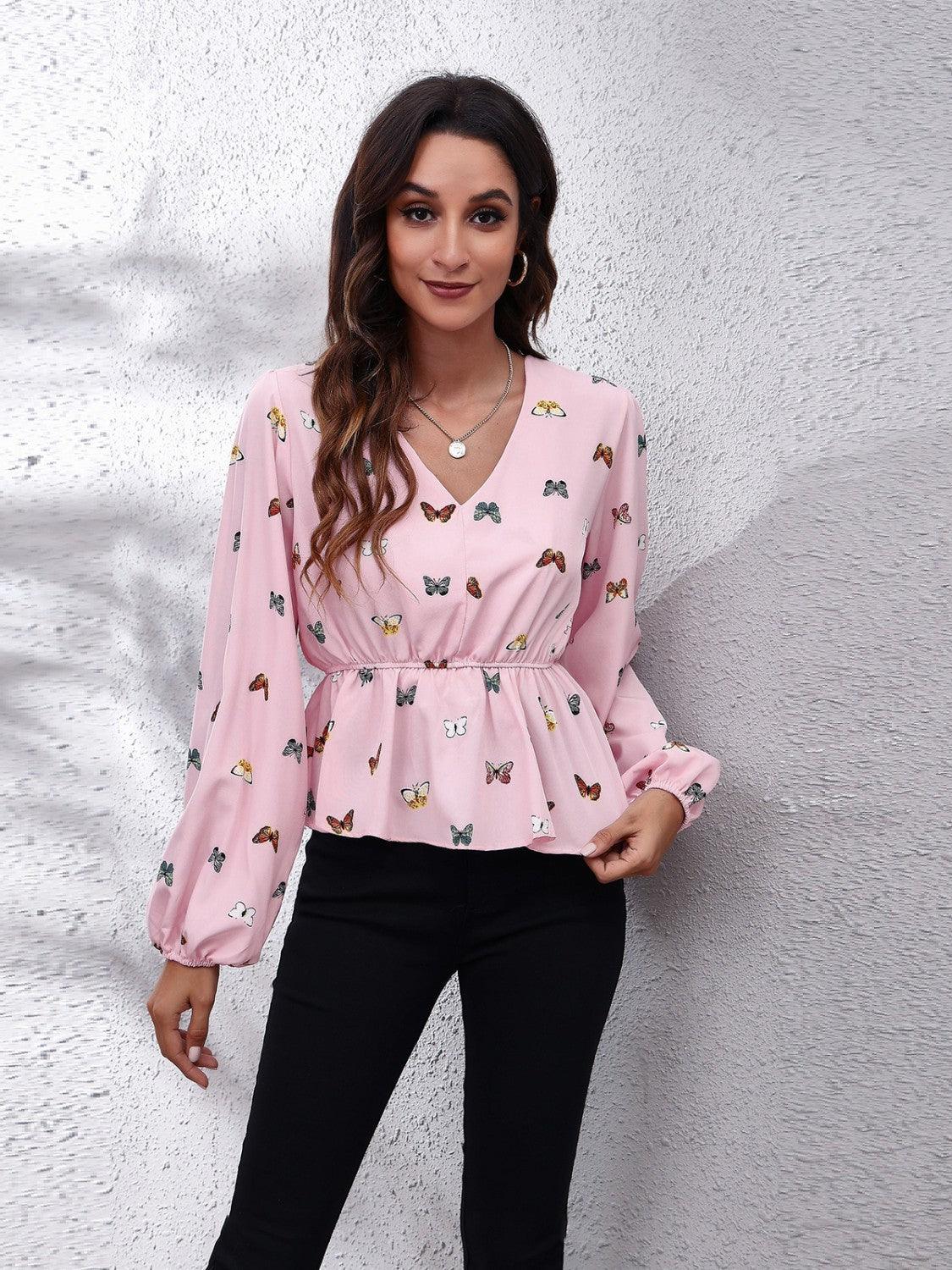 Butterfly V-Neck Balloon Sleeve Peplum Blouse - Immenzive