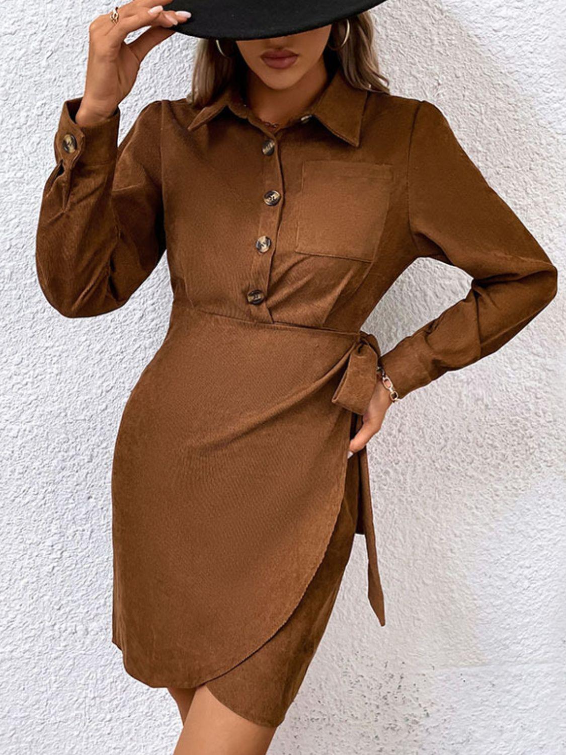 Button-Down Collared Neck Long Sleeve Side Tie Dress - Immenzive