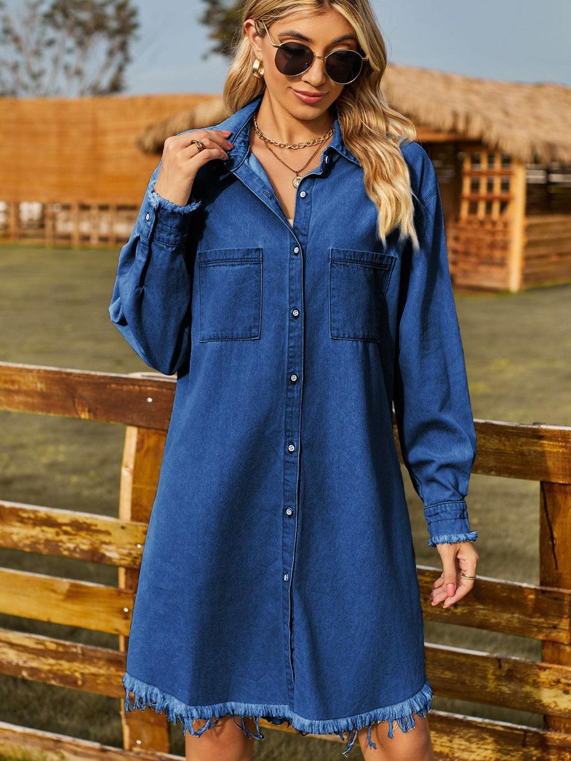 Button Up Collared Neck Raw Hem Denim Dress - Immenzive