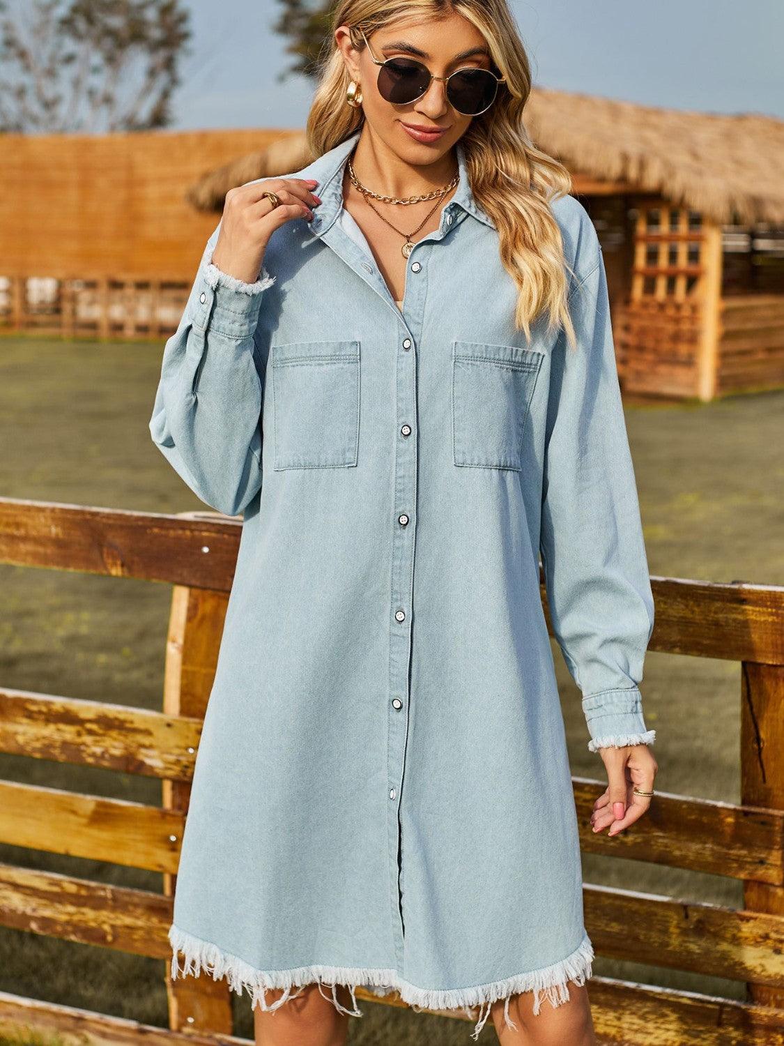 Button Up Collared Neck Raw Hem Denim Dress - Immenzive