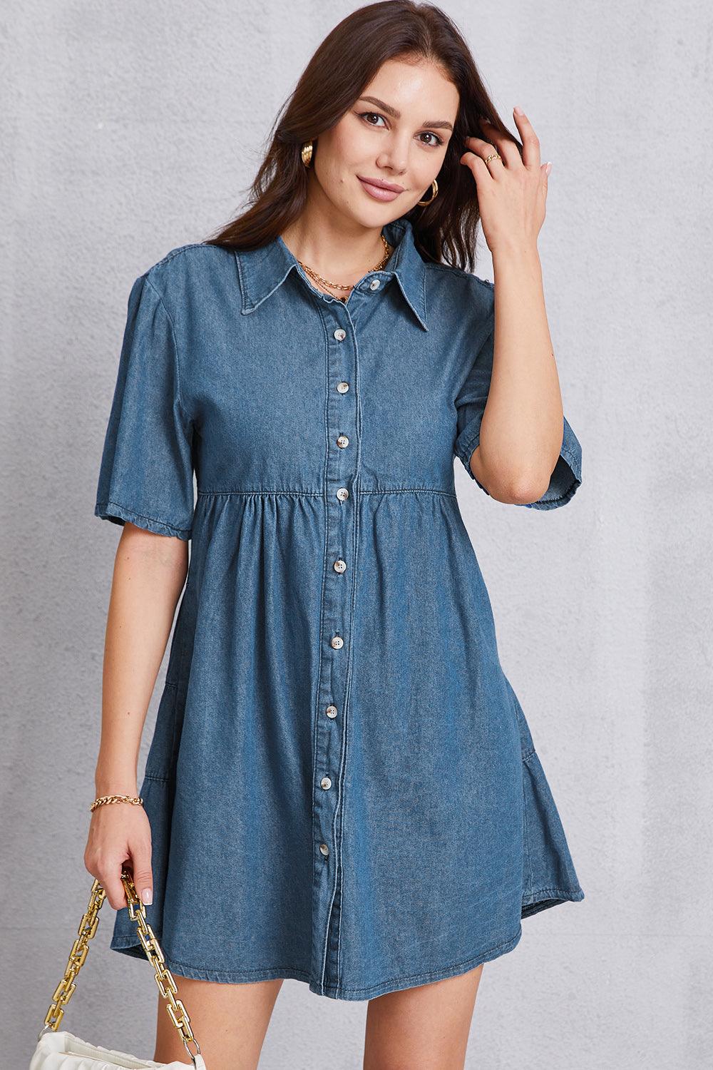 Button Up Collared Neck Tiered Denim Dress - Immenzive