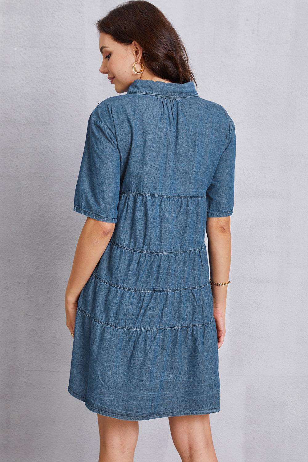 Button Up Collared Neck Tiered Denim Dress - Immenzive