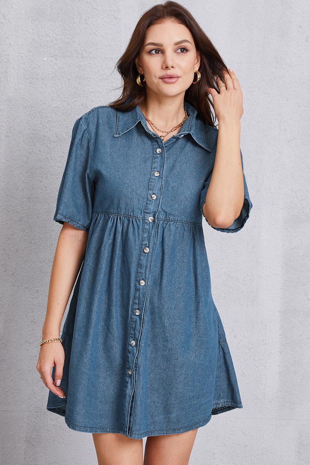 Button Up Collared Neck Tiered Denim Dress - Immenzive