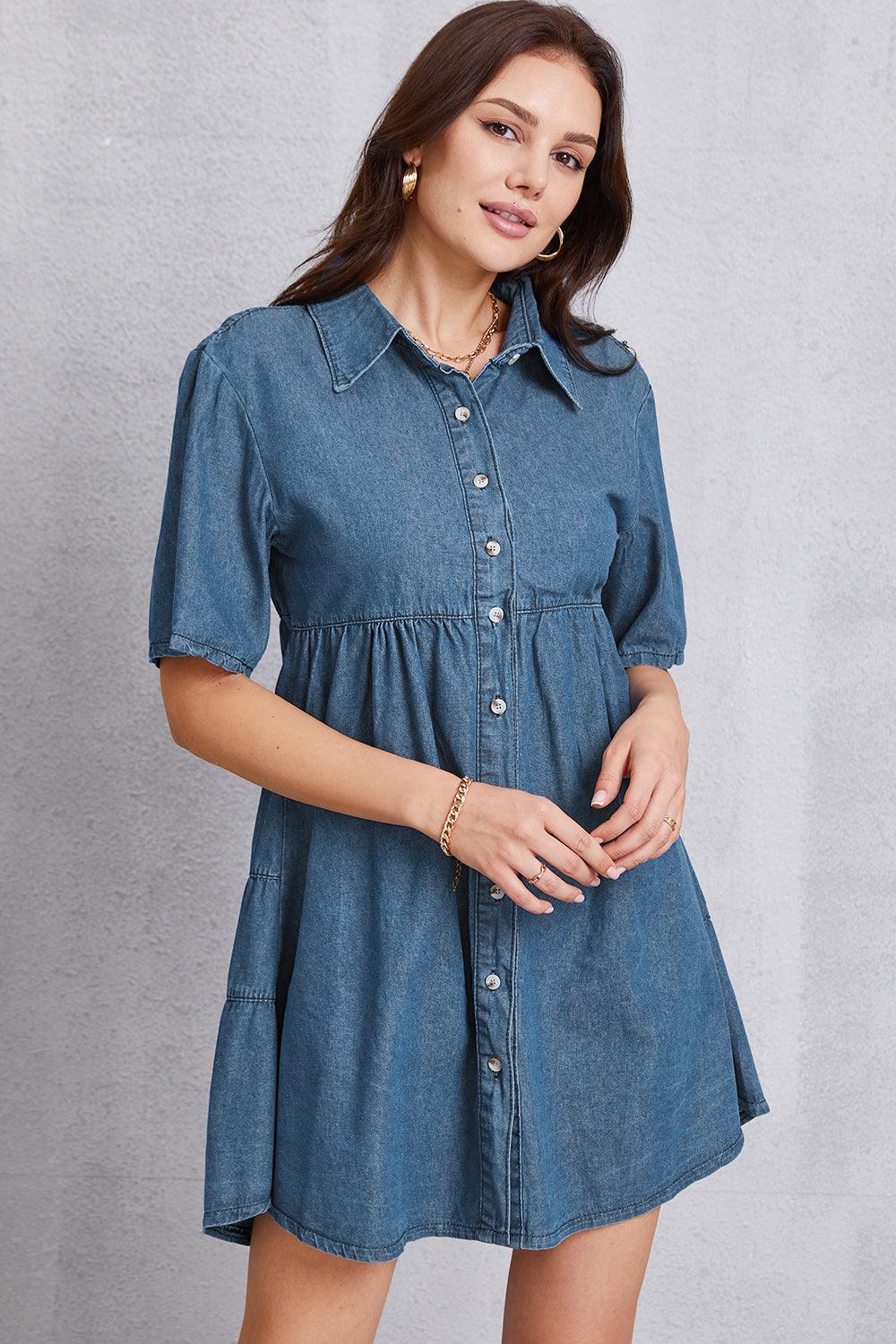 Button Up Collared Neck Tiered Denim Dress - Immenzive