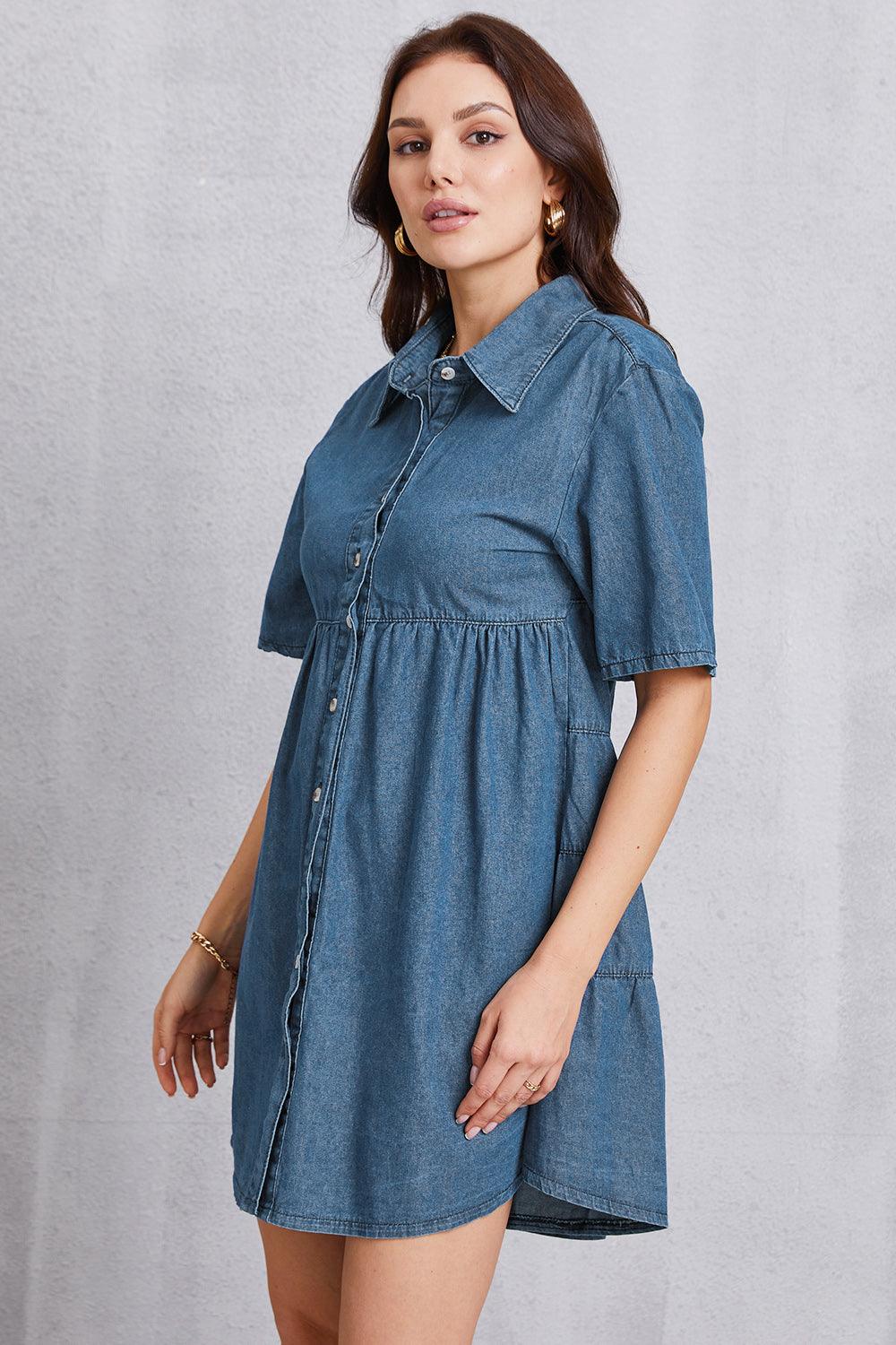 Button Up Collared Neck Tiered Denim Dress - Immenzive