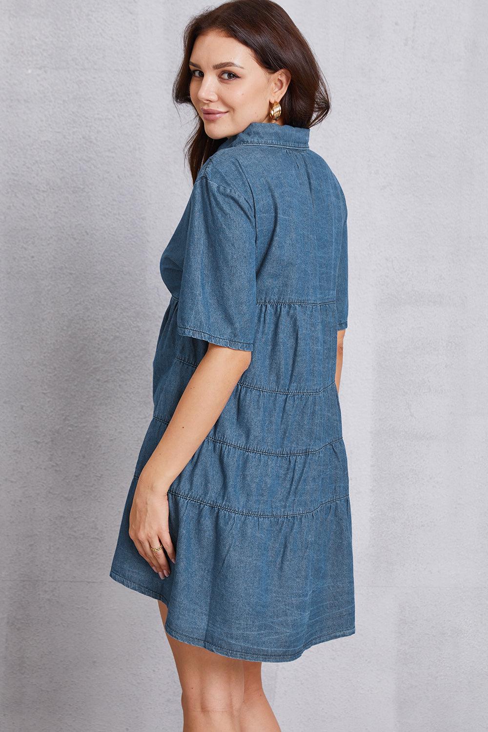 Button Up Collared Neck Tiered Denim Dress - Immenzive