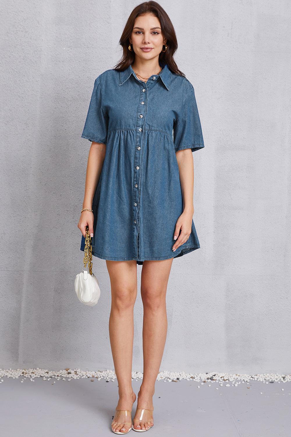 Button Up Collared Neck Tiered Denim Dress - Immenzive