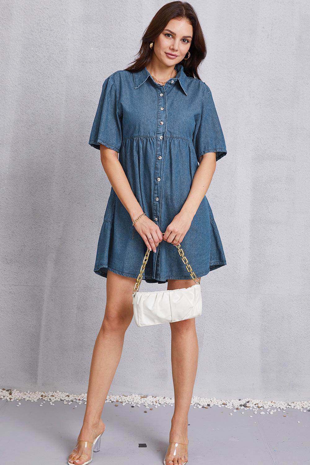 Button Up Collared Neck Tiered Denim Dress - Immenzive