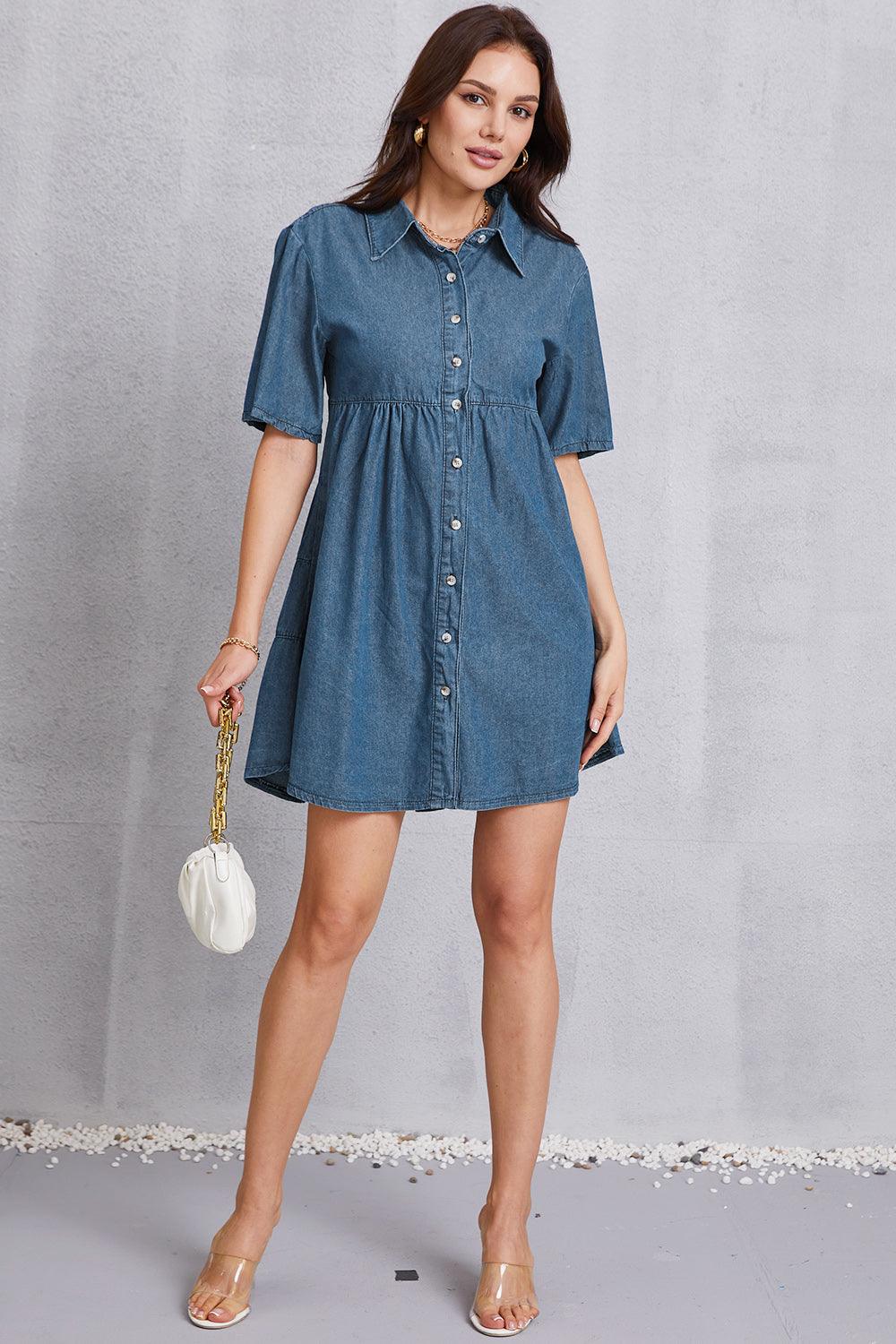 Button Up Collared Neck Tiered Denim Dress - Immenzive