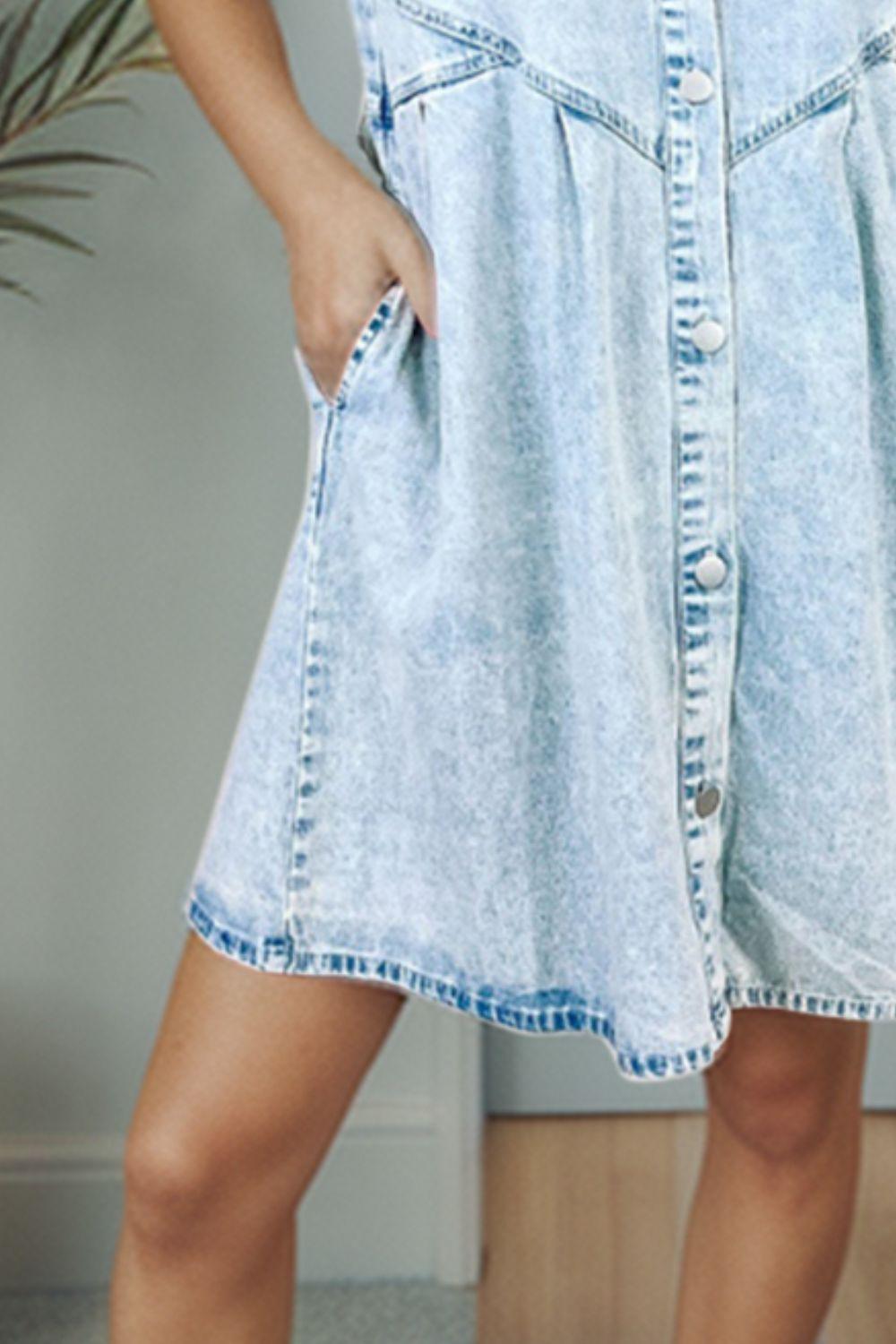 Button Up Flounce Sleeve Denim Dress - Immenzive