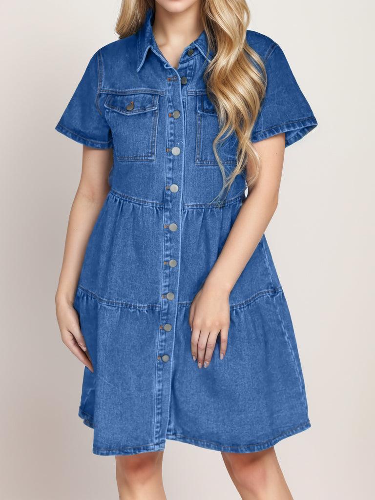 Button Up Short Sleeve Denim Dress - Immenzive