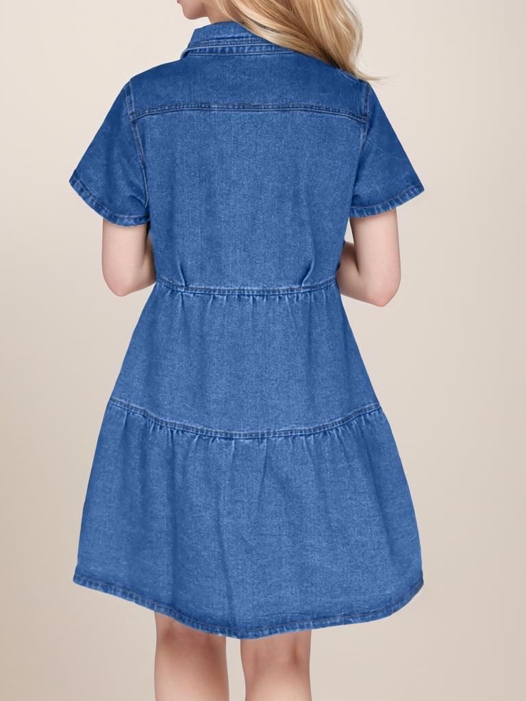 Button Up Short Sleeve Denim Dress - Immenzive