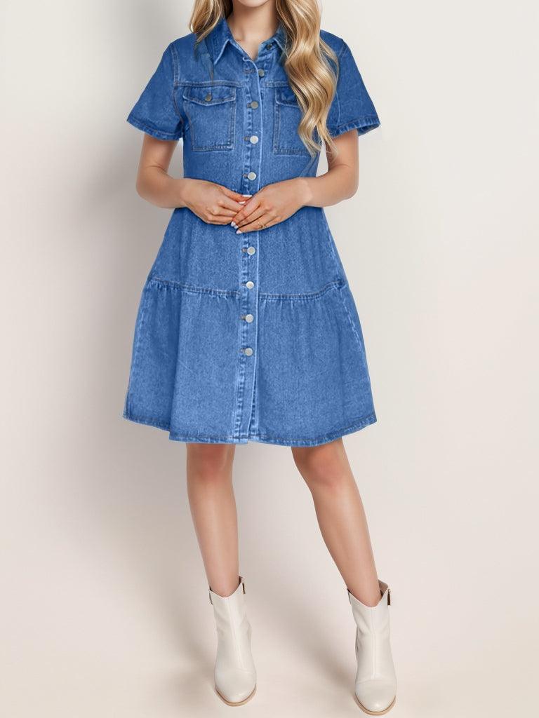 Button Up Short Sleeve Denim Dress - Immenzive