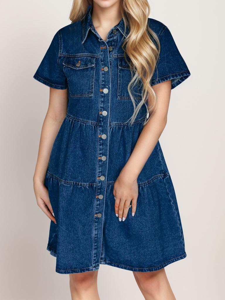 Button Up Short Sleeve Denim Dress - Immenzive