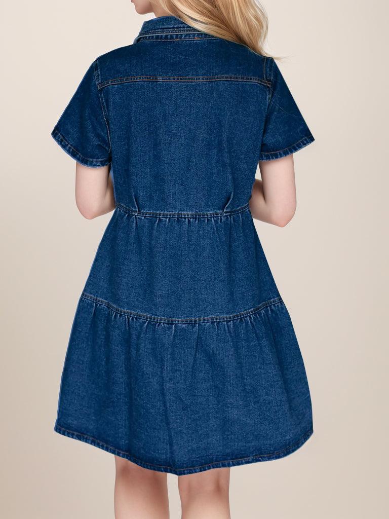 Button Up Short Sleeve Denim Dress - Immenzive