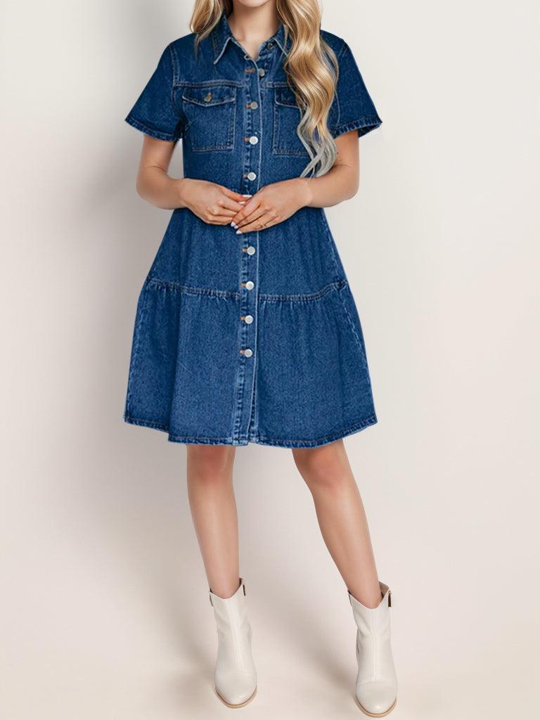 Button Up Short Sleeve Denim Dress - Immenzive