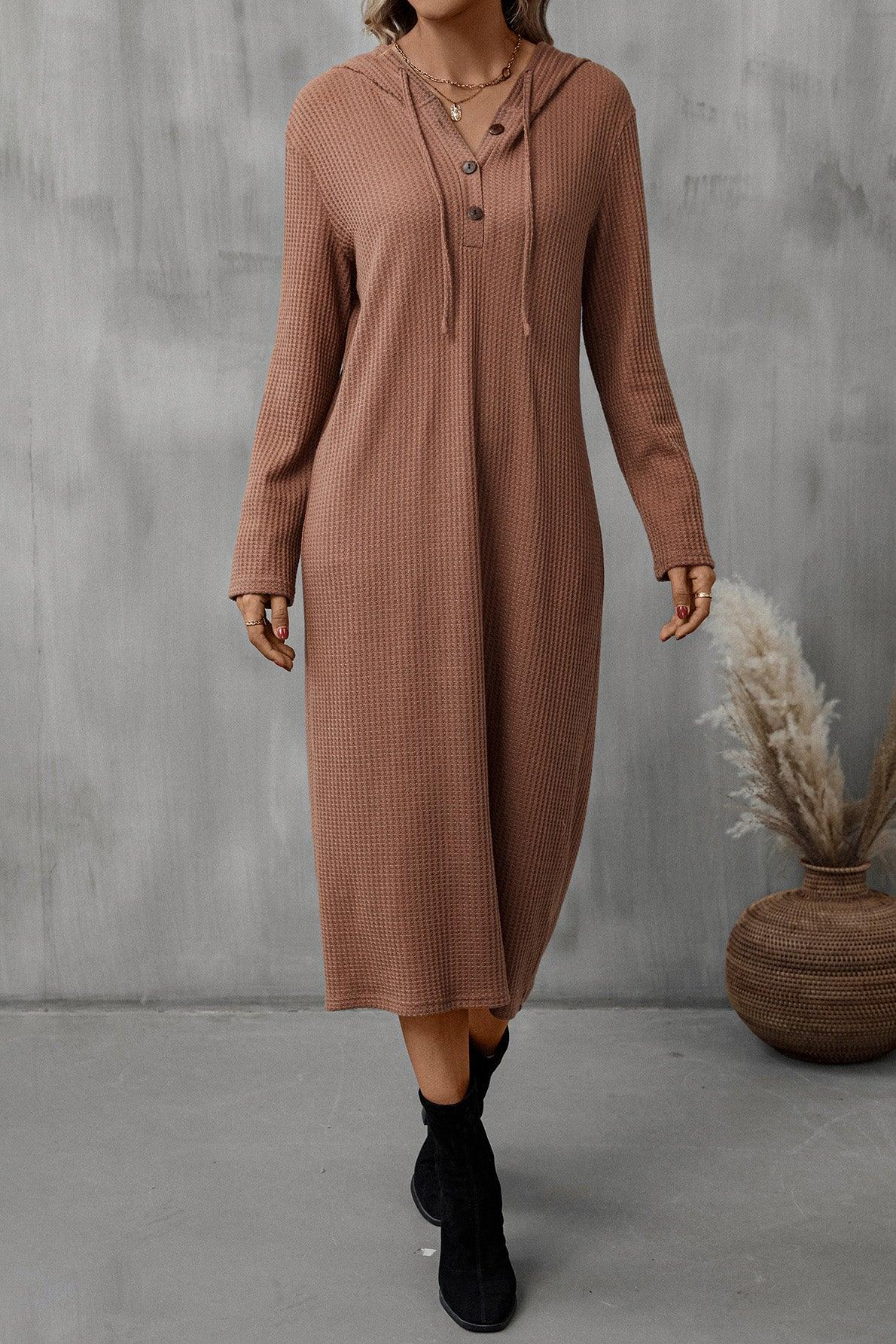 Buttoned Long Sleeve Hooded Dress - Immenzive