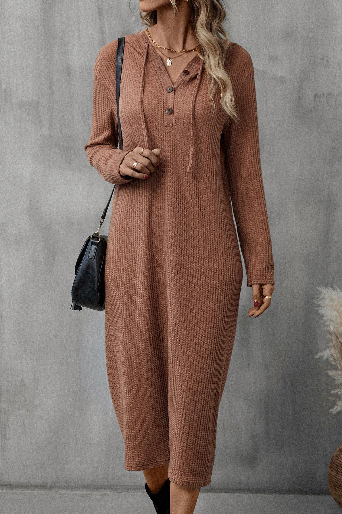 Buttoned Long Sleeve Hooded Dress - Immenzive