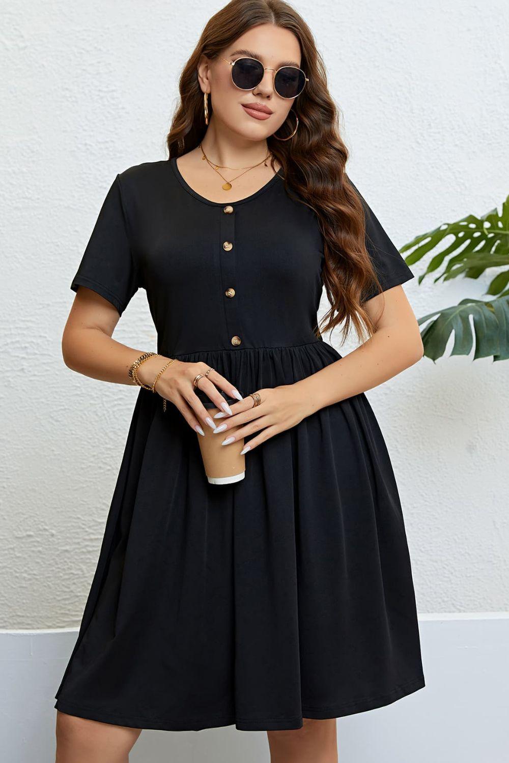 Buttoned Short Sleeve Dress - Immenzive