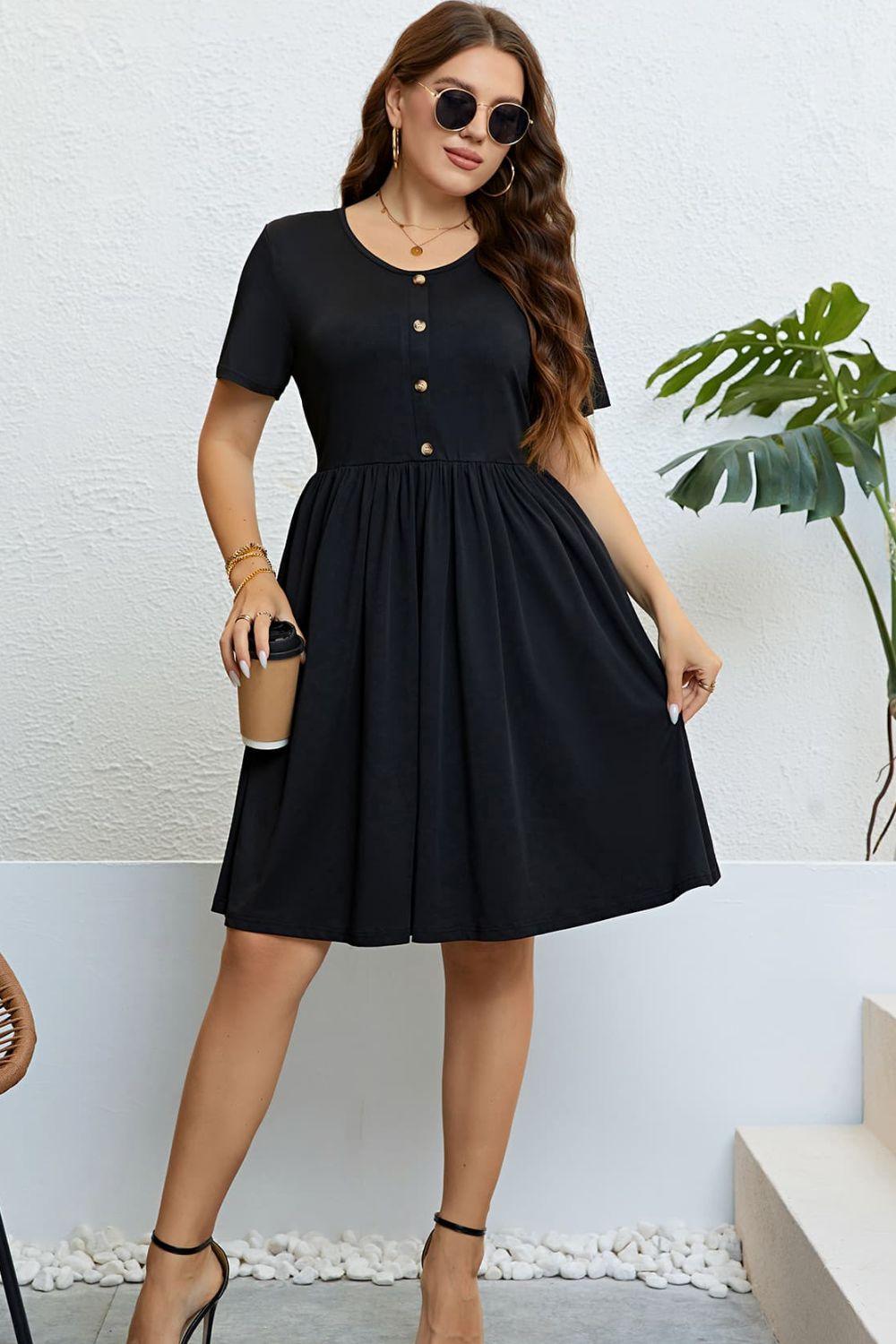 Buttoned Short Sleeve Dress - Immenzive