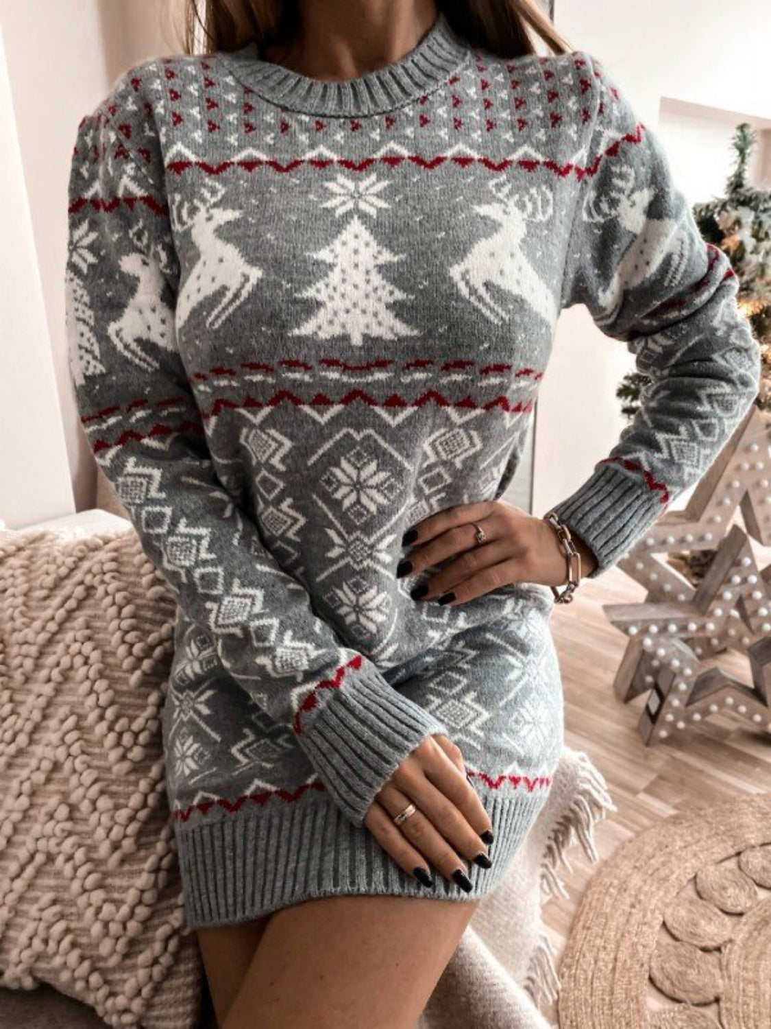 Reindeer & Snowflake Round Neck Sweater Dress