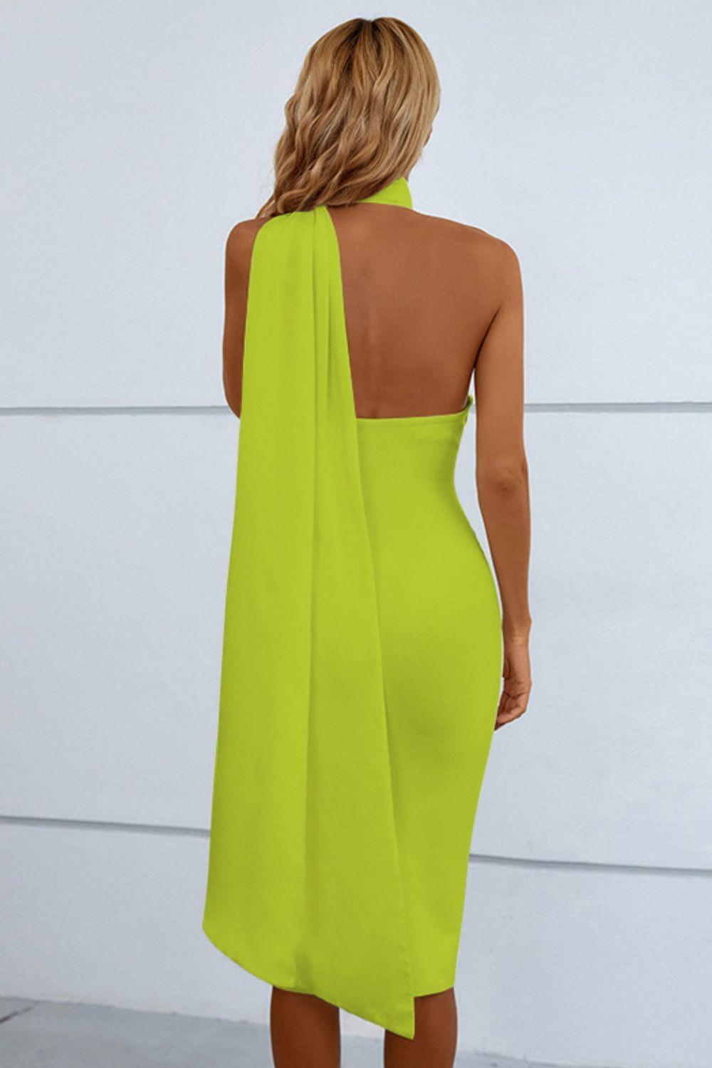 Cascading Detail Halter Neck Bodycon Dress - Immenzive